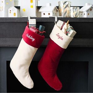 Pottery Barn Large Velvet Red and Cream Holiday Stockings (set of two)